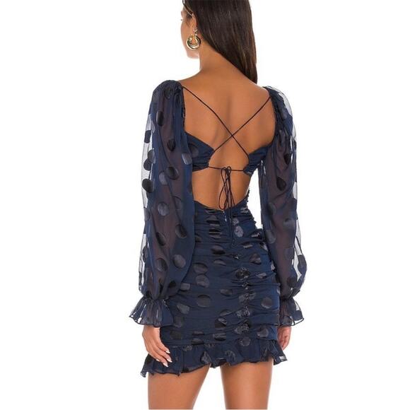 For Love & Lemons‎ Lula Polka Dot Ruched Mini Dress Navy Size S - Picture 3 of 11